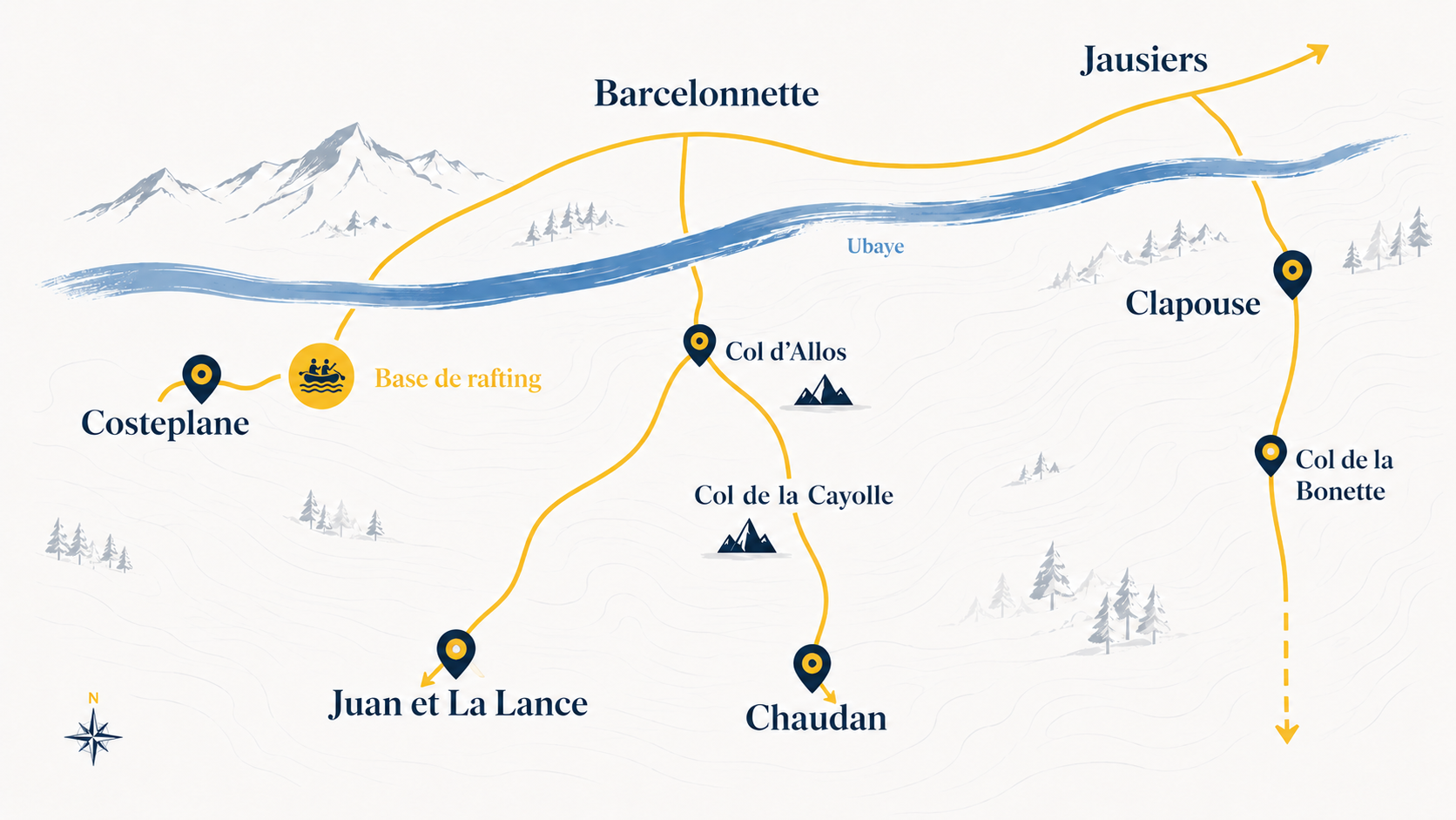 Carte illustrée des 5 canyons des vallées de l'Ubaye, du Var et du Verdon — Costeplane (départ base rafting de Méolans-Revel), Juan, La Lance, Chaudan et Clapouse (rendez-vous sur place)